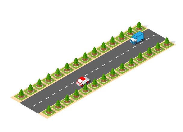 Suburban high-speed isometrische snelweg met auto's, verkeersopstoppingen en bomen - Vector, afbeelding