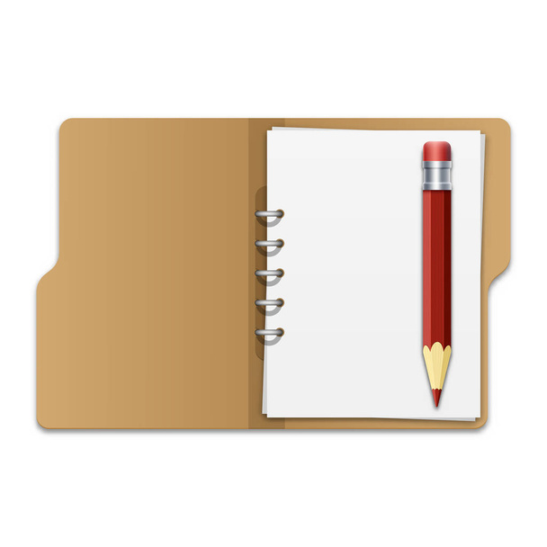 classeur à anneaux en carton blanc avec pile de feuilles de papier vides et crayon, vecteur, illustration
 - Vecteur, image