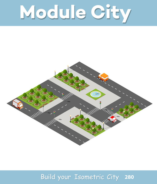 Ciudad isométrica intersección 3D atasco de tráfico de calles con carreteras, coches, árboles. Paisaje industrial urbano
. - Vector, imagen