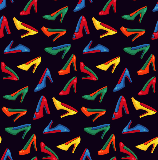 High heeled shoes colorful seamless vector pattern on dark back ground - Вектор, зображення