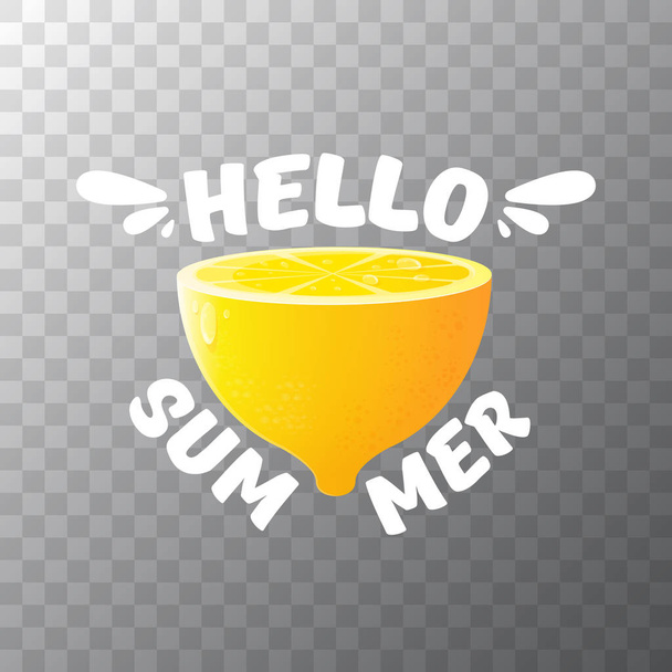 Vector Hello Summer Beach Party Flyer Design template with fresh lemon isolated on transparent background. Hello summer concept label or poster with orange fruit and text. - Vector, imagen