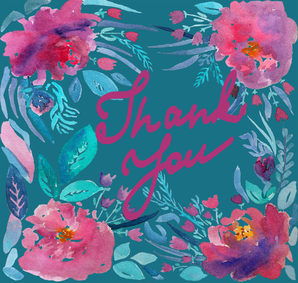 Wenskaart met florale sieraad en handgeschreven letters dank u aquarel - Foto, afbeelding