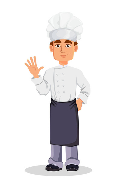 Guapo panadero en uniforme profesional y sombrero de chef agitando la mano. Personaje alegre de dibujos animados. Ilustración vectorial sobre fondo blanco
. - Vector, imagen
