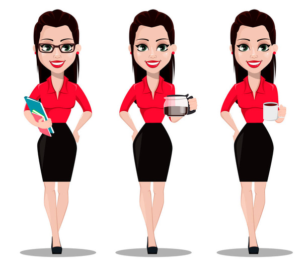 Sexy secretary, set of three poses. Beautiful office assistant in office style clothes holding documents, holding coffeepot and holding a cup of coffee. Vector illustration - Vector, Image