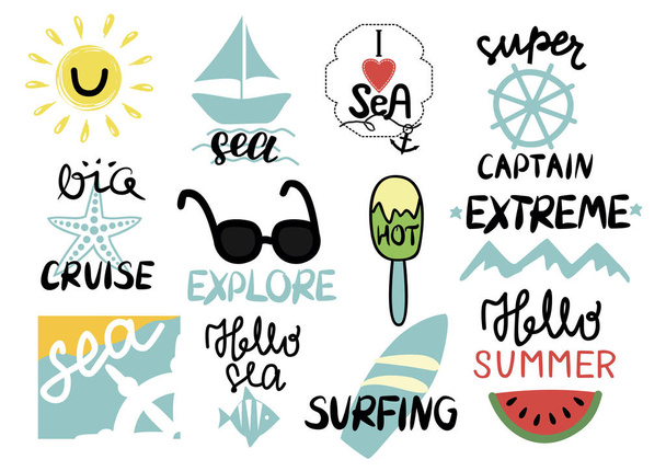 Set de 12 inscripciones de verano con letras de mano Me encanta el mar, Extremo, Super capitán, Gran crucero, Explorar, Surf, Hola, Caliente
 - Vector, Imagen