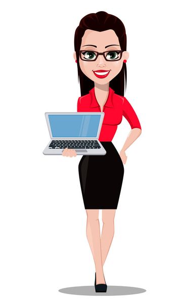 Sexy secretaresse. Mooie office-assistent in office stijl kleding met laptop. Vectorillustratie op witte achtergrond - Vector, afbeelding