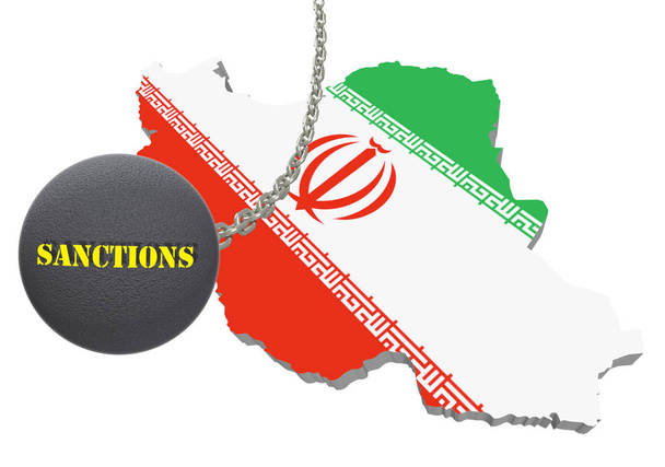 イラン、イランの地図に対する制裁。3 d イラスト。チェーン分離された白い背景の上に鋼球を飛んでください。. - 写真・画像