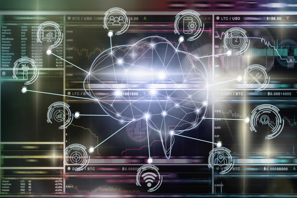 Polygonal brain shape of an artificial intelligence with various icon of smart city Internet of Things Technology over Cryptocurrency Bitcoin exchange trading screen, AI and business IOT concept - Photo, Image