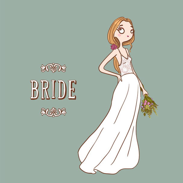 Cute cartoon Bride in white wedding dress with bouquet of flowers. Vector illustration - Vecteur, image