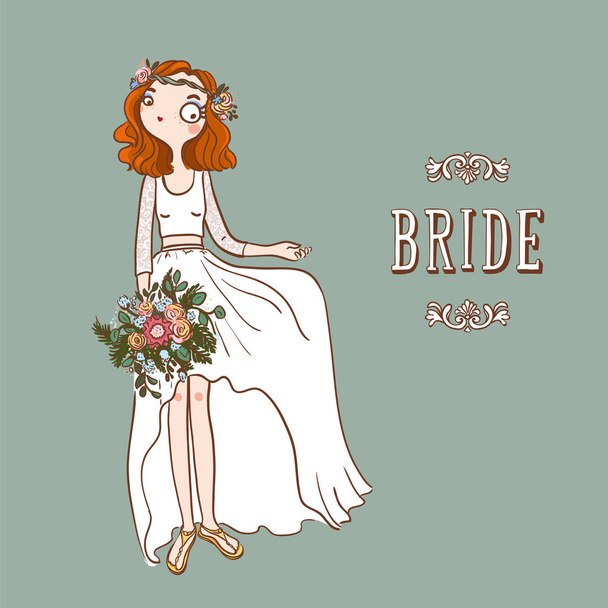 Cute cartoon Bride in white wedding dress with bouquet of flowers. Vector illustration - Вектор,изображение