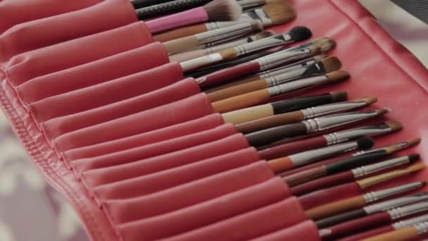 Make-up artist wyciąga jej narzędzi do makijażu - Materiał filmowy, wideo