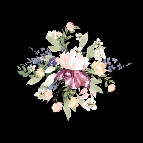 Um lindo buquê de aquarela com rosas e flores de íris
.  - Foto, Imagem