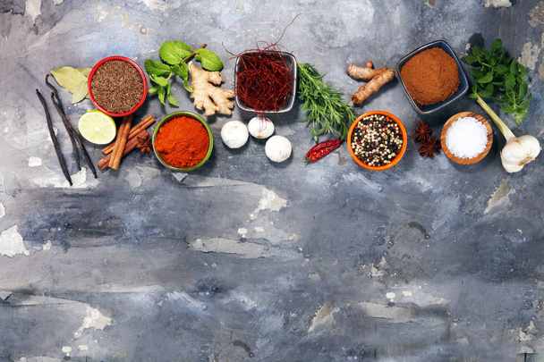 Spices and herbs on table. Food and cuisine ingredients - Fotó, kép