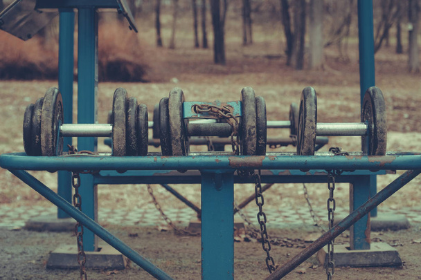 Dumbbells on blue equipment. free outdoor gym. Concept of street workout. Toned - Photo, Image
