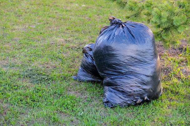 Czarny pełne worki na śmieci na zielony trawnik - Zdjęcie, obraz