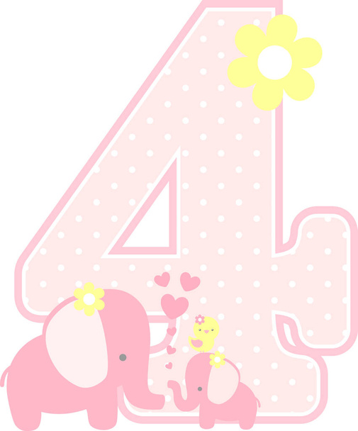 number 4 with cute elephant and little baby elephant isolated on white. can be used for mother's day card, baby girl birth announcements, nursery decoration, party theme or birthday invitation - Vektör, Görsel