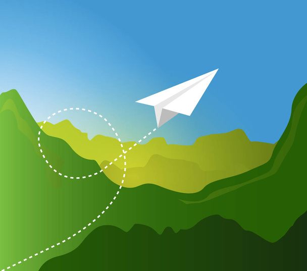 Paper plane flying pattern over  green mountain landscape. illustration design graphic - Fotoğraf, Görsel