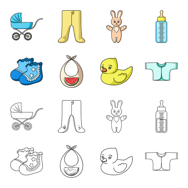 Socks, bib, toy duck, raspashonka.Baby born set collection icons in cartoon,outline style vector symbol stock illustration web. - Vector, Image