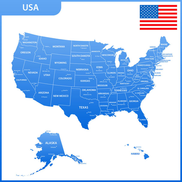地域または州と都市、首都が付いている米国の詳細地図。アメリカ合衆国の国旗と - ベクター画像