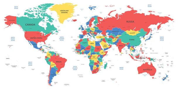 Gedetailleerde wereldkaart met grenzen, landen en steden - Vector, afbeelding