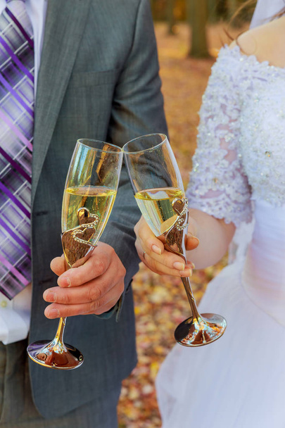 Bride and groom holding wedding champagne glasses - Valokuva, kuva