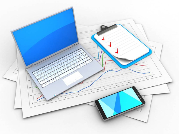 3d illustration of diagram papers and laptop with clipboard over white background  - Foto, Imagen