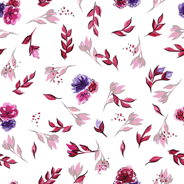 Seamless pattern Light watercolor flowers red pink purple - Foto, Imagen