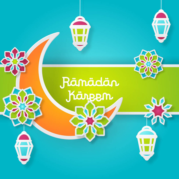 Ramadan kareem design background. Paper cut flowers, traditional lanterns, moon and stars. Vector illustration. - Vector, Image