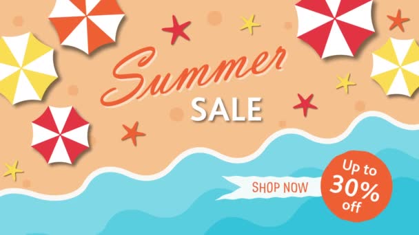 Πώληση καλοκαίρι, έκπτωση τριάντα τοις εκατό με ομπρέλες και τη θάλασσα - Πλάνα, βίντεο