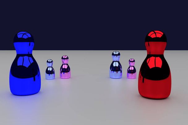 3D-Darstellung einer kleinen Familie glänzender Figuren, die auf einer weißen, glänzenden Oberfläche stehen - Foto, Bild