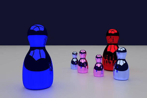 3D rendering of a little family of shiny figures standing on a white, glossy surface - Photo, Image