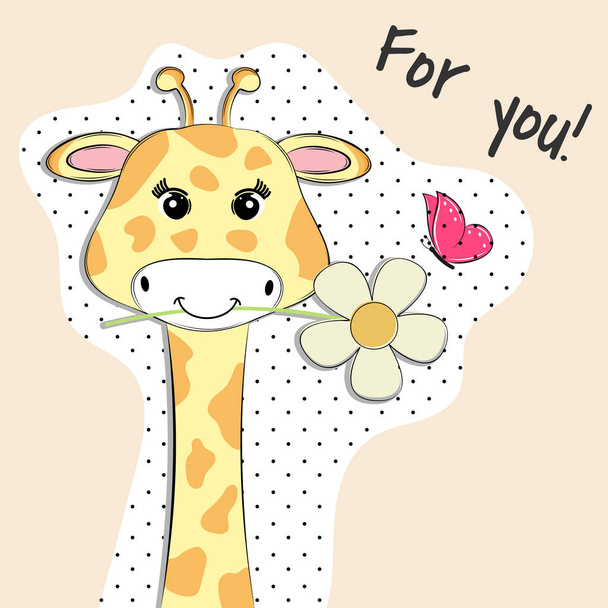 Üdvözlés kártya aranyos baba zsiráf egy virág. Édes gyerekek grafikus pólók. - Vektor, kép