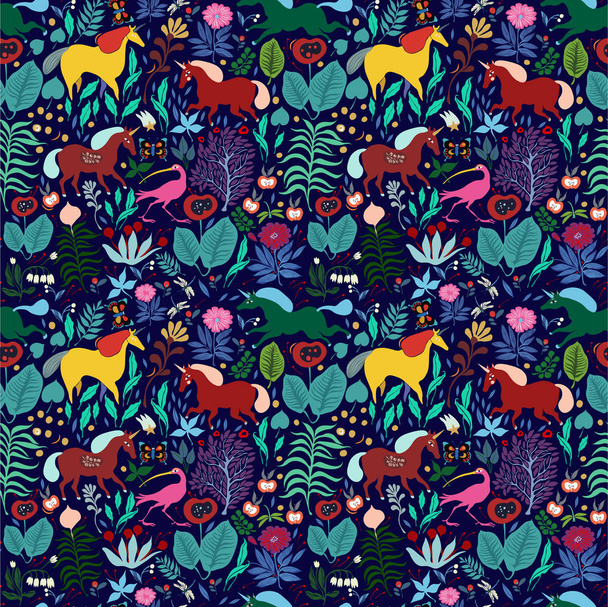 seamless vector pattern with fantastic unicorns and other animals in a magical forest - Vector, imagen