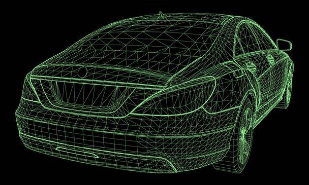 O modelo ostenta um sedan premium. Ilustração vetorial na forma de uma grade triangular poligonal verde sobre um fundo preto - Vetor, Imagem