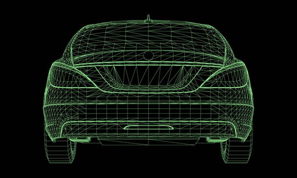 Het model sport een premium sedan. Vectorillustratie in de vorm van een groene veelhoekige driehoekige raster op een zwarte achtergrond - Vector, afbeelding