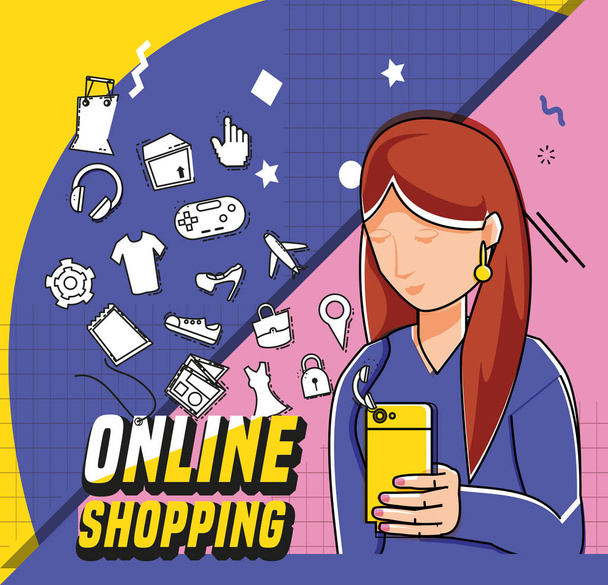 woman with shopping online pop art style - Vector, imagen