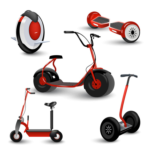 Realistic self-balancing gyro two-wheeled board scooter or hoverboard 3 colorful sets transparent background vector illustration - Διάνυσμα, εικόνα