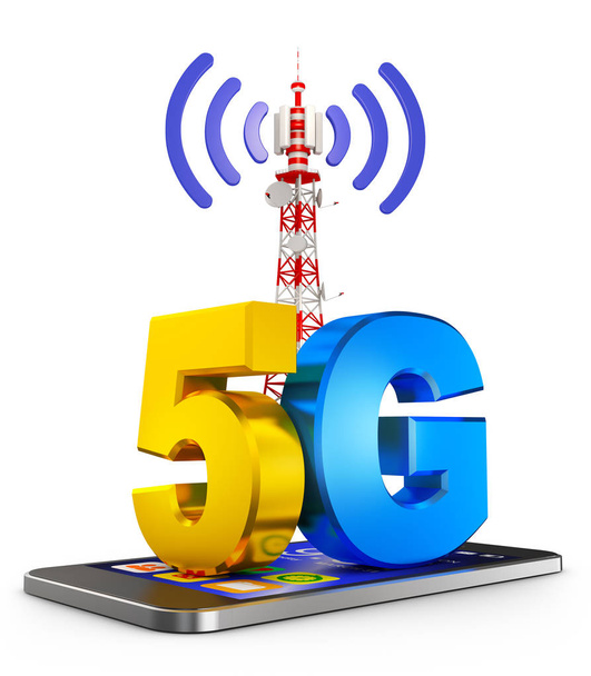 5G на смартфоне и башне связи. 3d-рендеринг
. - Фото, изображение