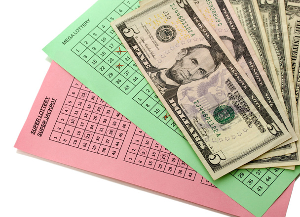 Lottery tickets and money, isolated on white - Φωτογραφία, εικόνα