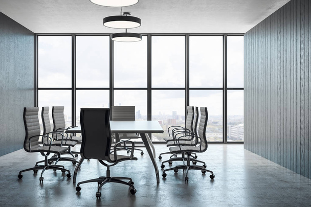 Modern boardroom interior with panoramic city view, lamps and furniture. 3D Rendering  - Photo, Image