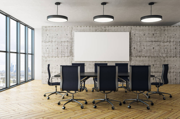 Modern conference room interior with empty billboard, panoramic city view and furniture. Presentation and discussion concept. Mock up, 3D Rendering - Foto, Imagen