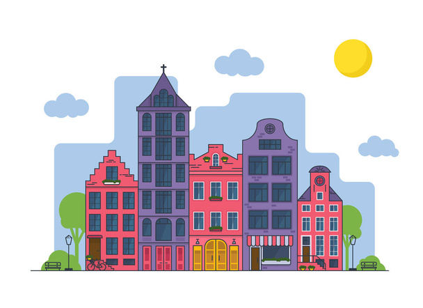 Amsterdam cityscape at sunny day. Old houses with church and cafe. Flat coloured vector illustration.  - Vector, Image