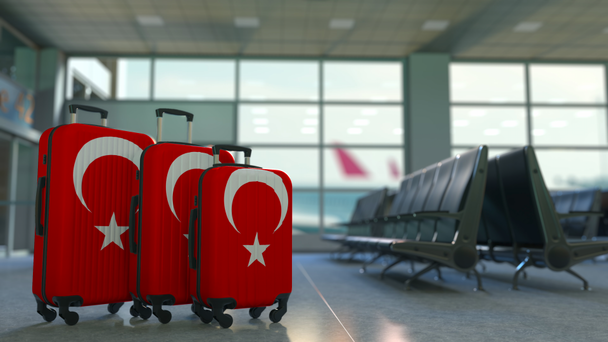 Utazási bőröndök, felvázoló Törökország zászlaja. Török turizmus fogalmi animáció - Felvétel, videó