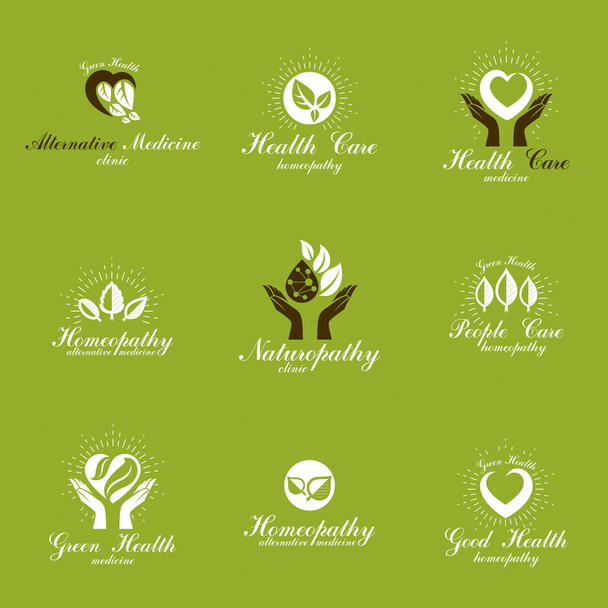 Visszaállítása egészség fogalmi vektor emblémák teremtett használ a zöld levelek, szív alakú, vallási keresztek és gondoskodó kezek - Vektor, kép