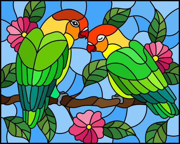 Illustration in stained glass style  with pair of birds parrots lovebirds on branch  tree with pink flowers against the sky - Διάνυσμα, εικόνα