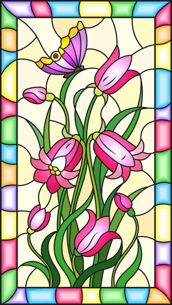 Illustration en vitrail avec des feuilles et des cloches fleurs, fleurs roses et papillon sur fond jaune dans un cadre lumineux
  - Vecteur, image