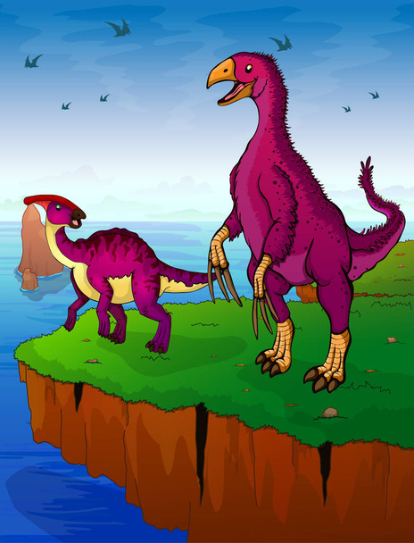 Therizinosaurus and parasaurolophus on the background of the sea. - Vector, Image