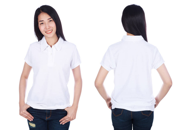 жінка в білій сорочці поло ізольована на білому тлі
 - Фото, зображення