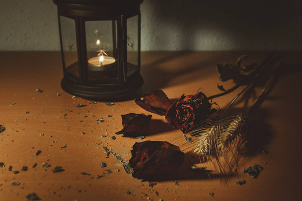 dried rose flower in a wooden background - Photo, Image