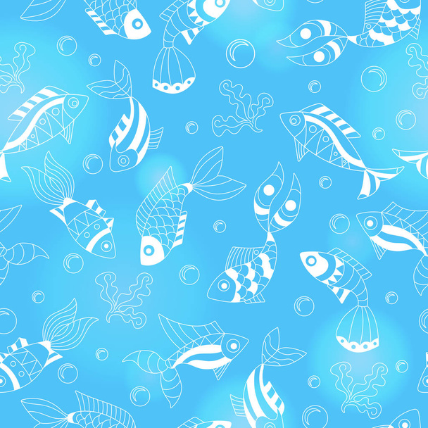nahtloses Muster mit verschiedenen einfachen Fischen, einfache Umrisse leichte Fischkonturen auf blauem Hintergrund - Vektor, Bild